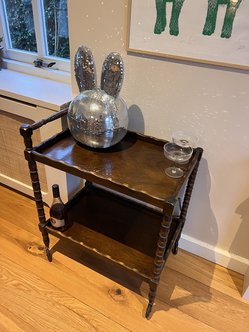 Vintage Houten Bar Cart / Serveerwagen Op Wieltjes