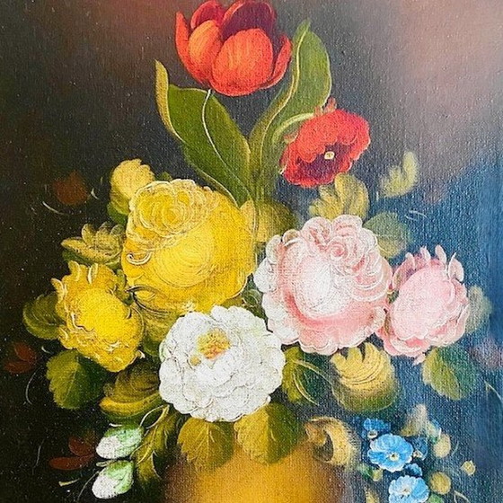 Image 1 of Vintage bloemenschilderij stilleven R. Rosini Italy barok 1950's