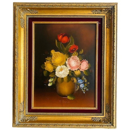 Vintage bloemenschilderij stilleven R. Rosini Italy barok 1950's