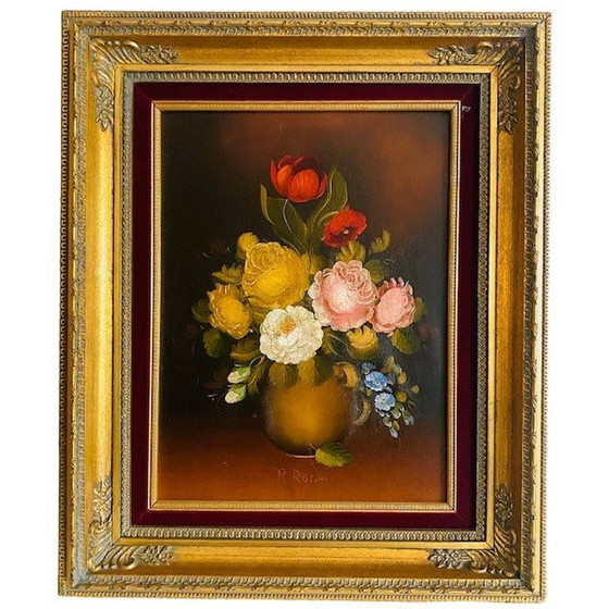 Image 1 of Vintage bloemenschilderij stilleven R. Rosini Italy barok 1950's