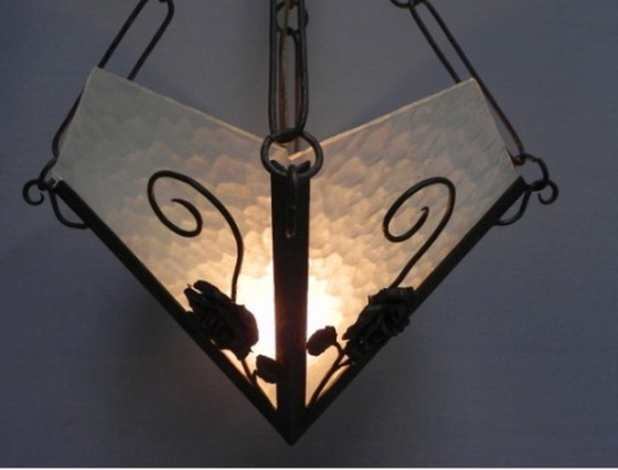 Image 1 of Art Deco hanglamp met 4 gewolkte glasplaten