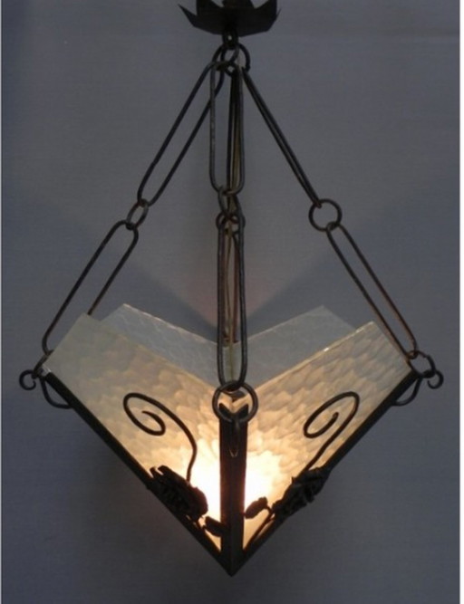 Art Deco hanglamp met 4 gewolkte glasplaten