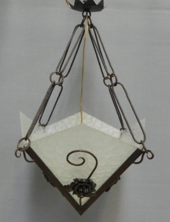 Image 1 of Art Deco hanglamp met 4 gewolkte glasplaten