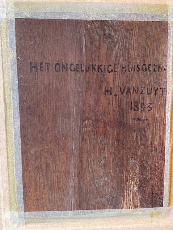 Image 1 of Het Ongelukkige Huisgezin Van H.Vanzuyt Uit 1893 Schilderij 34X27 Cm ( 48X42 Cm Met Kader)