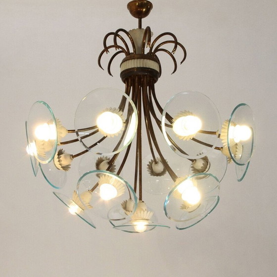 Image 1 of Vintage kroonluchter met 16 lampen in messing en glas, Italië 1950