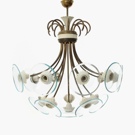 Vintage kroonluchter met 16 lampen in messing en glas, Italië 1950