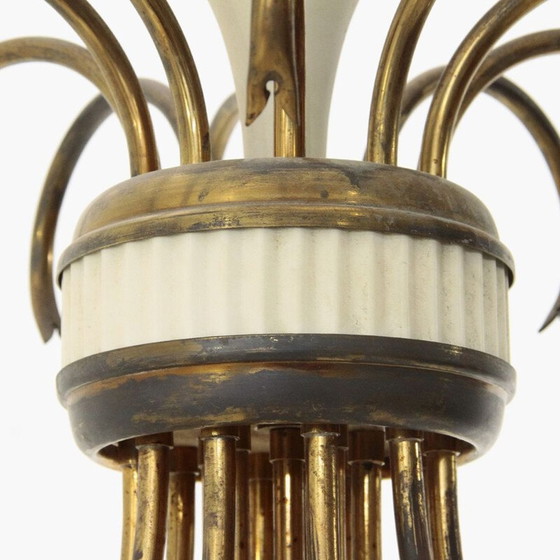 Image 1 of Vintage kroonluchter met 16 lampen in messing en glas, Italië 1950