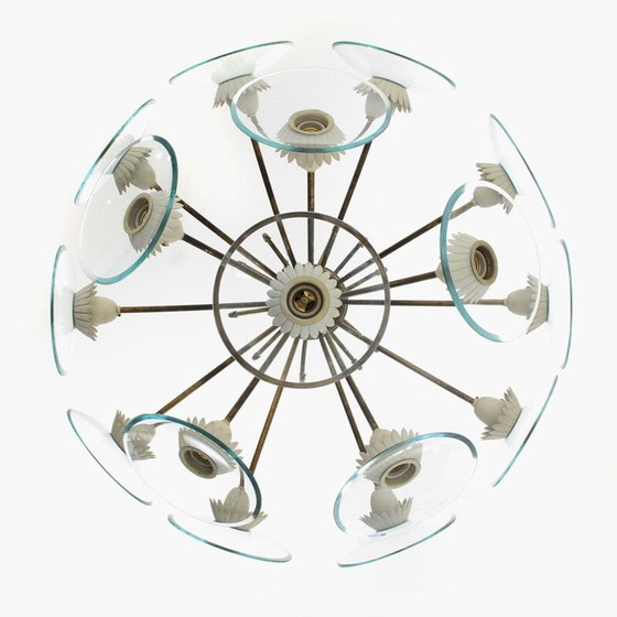 Image 1 of Vintage kroonluchter met 16 lampen in messing en glas, Italië 1950