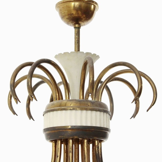 Image 1 of Vintage kroonluchter met 16 lampen in messing en glas, Italië 1950