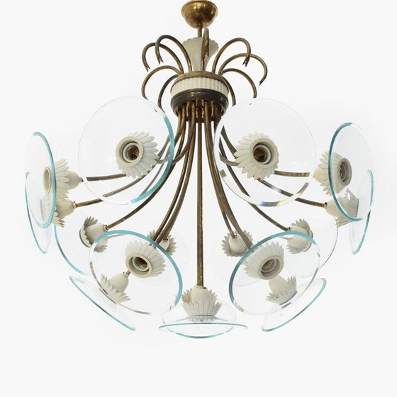 Image 1 of Vintage kroonluchter met 16 lampen in messing en glas, Italië 1950