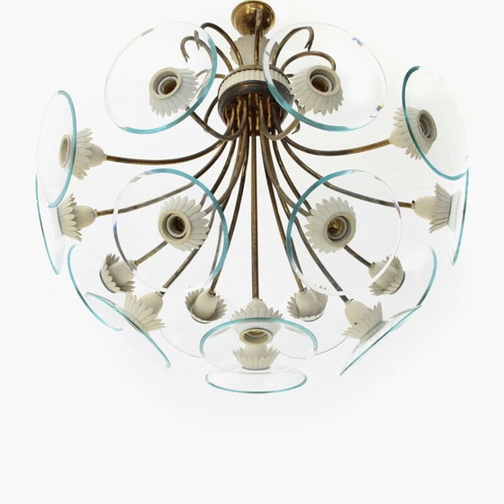 Image 1 of Vintage kroonluchter met 16 lampen in messing en glas, Italië 1950