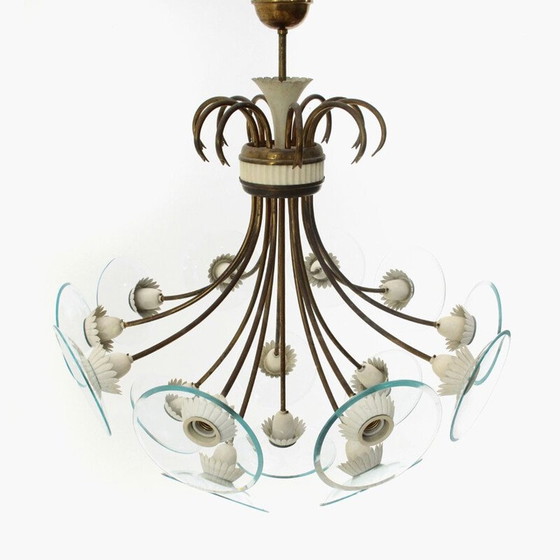 Image 1 of Vintage kroonluchter met 16 lampen in messing en glas, Italië 1950