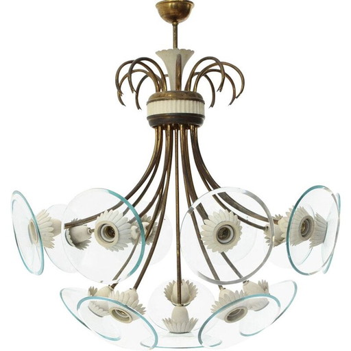 Vintage kroonluchter met 16 lampen in messing en glas, Italië 1950