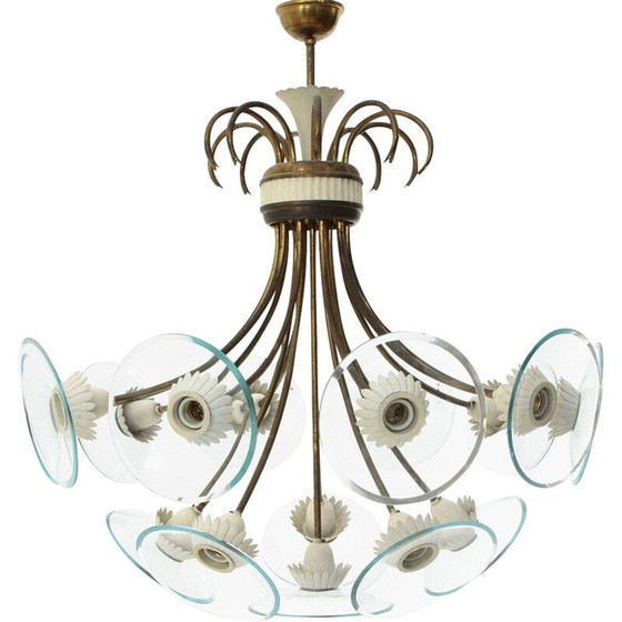 Image 1 of Vintage kroonluchter met 16 lampen in messing en glas, Italië 1950