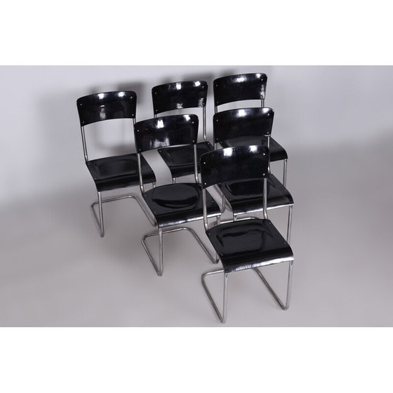 Image 1 of Set van 6 vintage Bauhaus zwarte stoelen van Vichr a Spol, jaren 1930