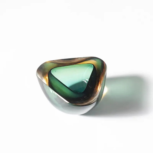 Muranoglas vintage driehoekige massieve Italiaanse kom in groen en geel – schalen, Murano Glass, Italian Design