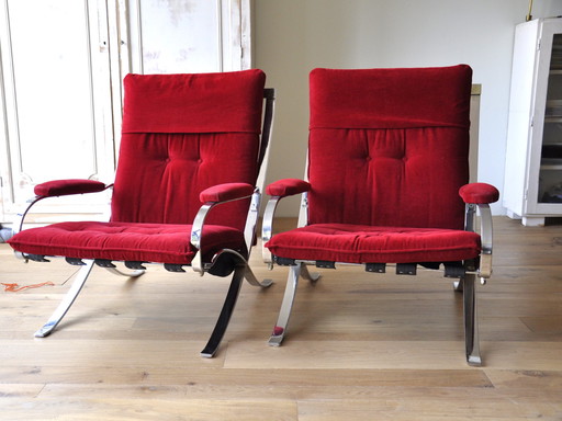 Midcentury loungestoelen met rood fluwelen zitting