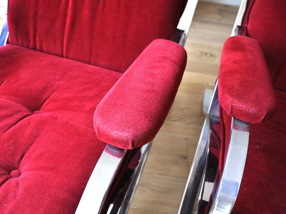 Image 1 of Midcentury loungestoelen met rood fluwelen zitting