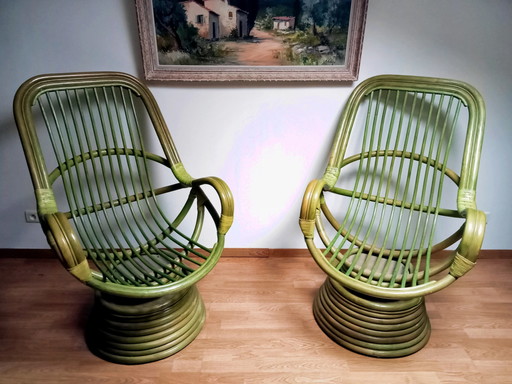 2x vintage rotan draaifauteuils