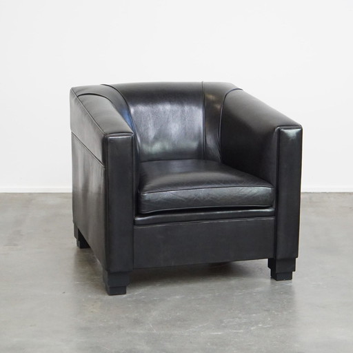 Zwarte Art Deco Design Fauteuil/ Armchair Gemaakt Van Schapenleer