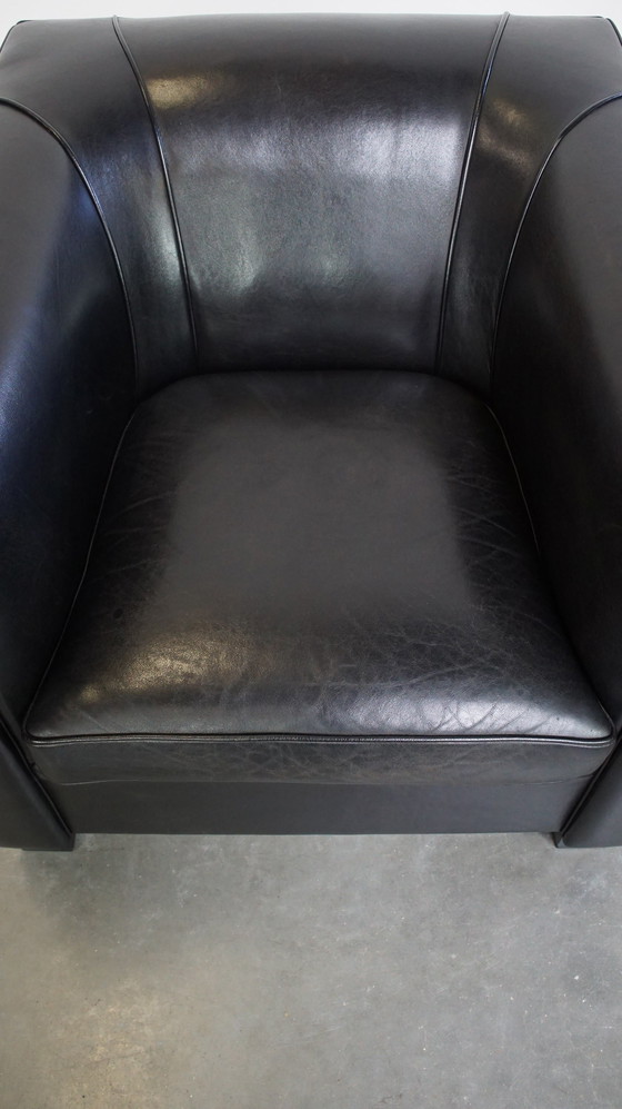 Image 1 of Zwarte Art Deco Design Fauteuil/ Armchair Gemaakt Van Schapenleer