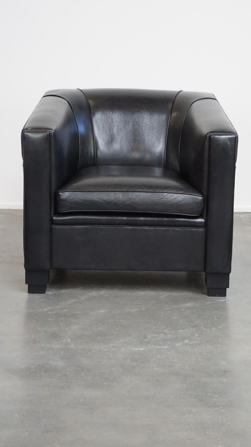 Zwarte Art Deco Design Fauteuil/ Armchair Gemaakt Van Schapenleer