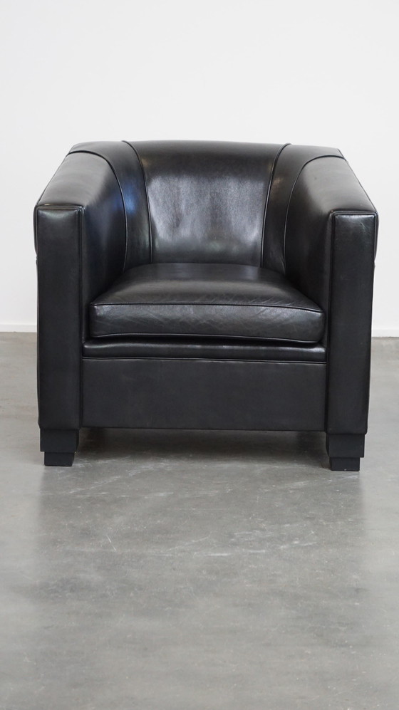 Image 1 of Zwarte Art Deco Design Fauteuil/ Armchair Gemaakt Van Schapenleer