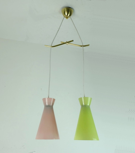 Image 1 of 2-lichts hanglamp uit het mid century , jaren 50