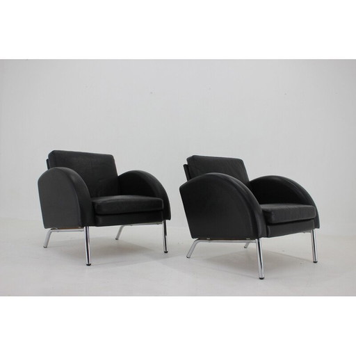 Paar vintage leren fauteuils, Tsjecho-Slowakije 1970