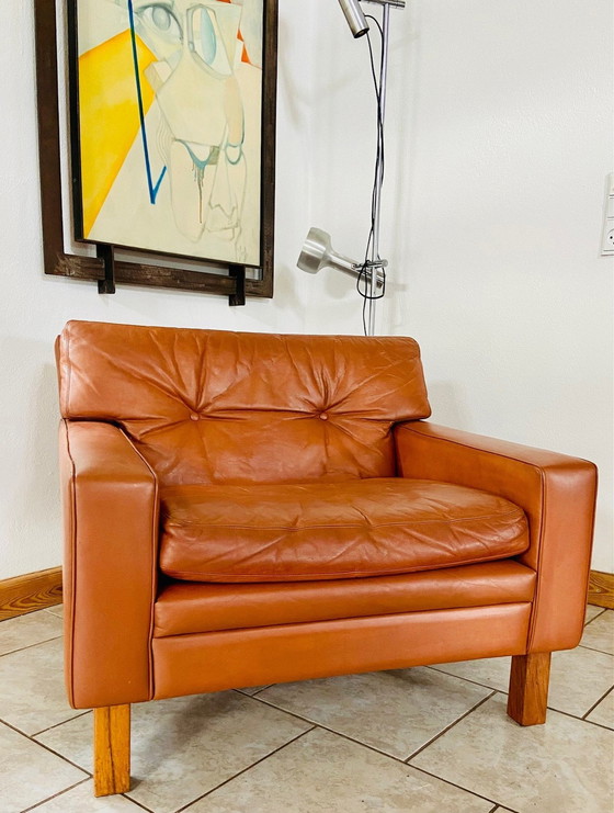 Image 1 of Vintage Mid Century Scandinavische cognac leer en palissander clubfauteuil 1960,S