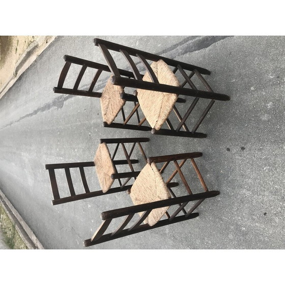 Image 1 of Set van 4 vintage landelijke stoelen van hout en stro, 1950