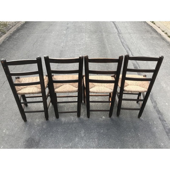 Image 1 of Set van 4 vintage landelijke stoelen van hout en stro, 1950