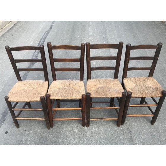 Image 1 of Set van 4 vintage landelijke stoelen van hout en stro, 1950