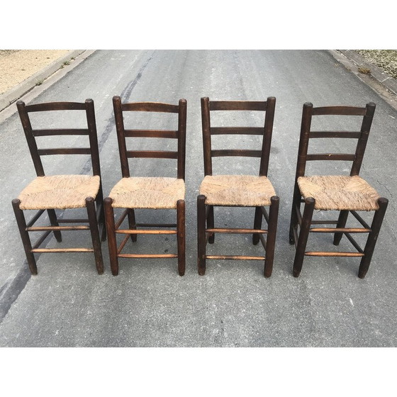 Image 1 of Set van 4 vintage landelijke stoelen van hout en stro, 1950