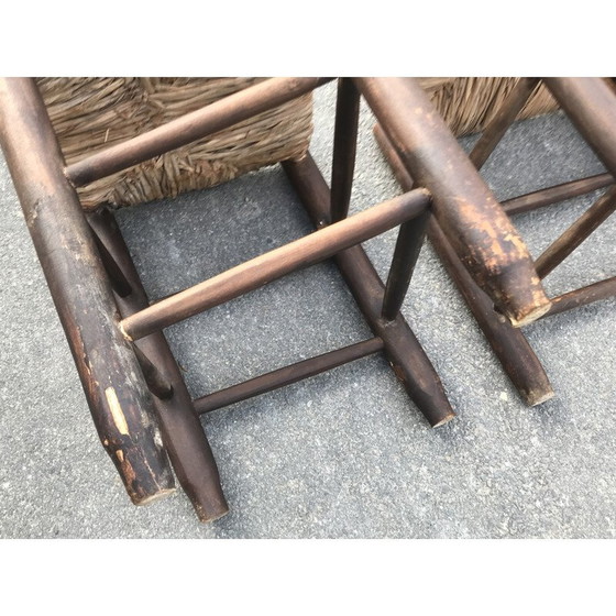 Image 1 of Set van 4 vintage landelijke stoelen van hout en stro, 1950