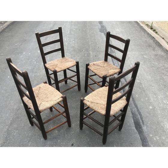 Image 1 of Set van 4 vintage landelijke stoelen van hout en stro, 1950