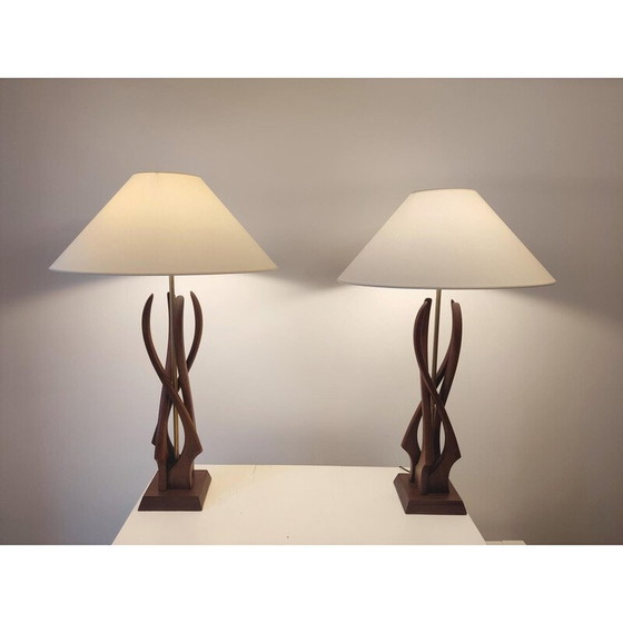 Image 1 of Paar vintage lampen in walnoothout en messing, Verenigde Staten 1960