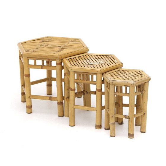 Image 1 of Vintage rotan nesttafels met zeshoekig blad, 1970