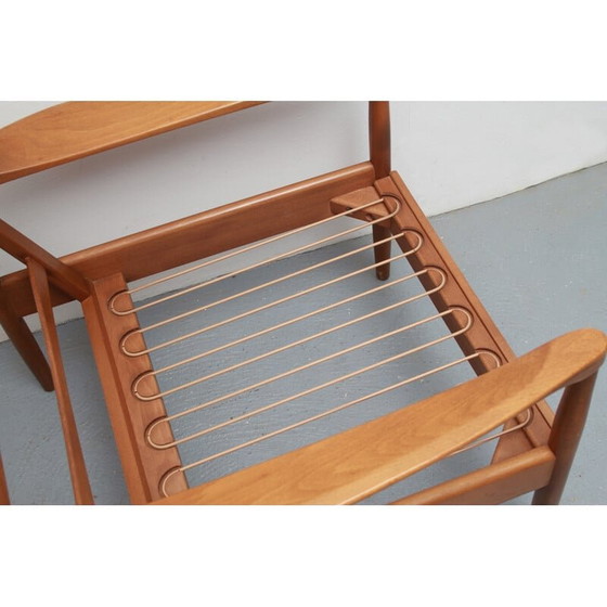 Image 1 of Vintage fauteuil in petrol stof en beukenhout, jaren 1960