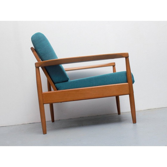 Image 1 of Vintage fauteuil in petrol stof en beukenhout, jaren 1960