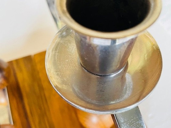 Image 1 of Art Deco, chroom en walnoten kandelaars, set van 2, circa jaren 1930