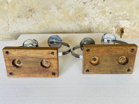 Image 1 of Art Deco, chroom en walnoten kandelaars, set van 2, circa jaren 1930
