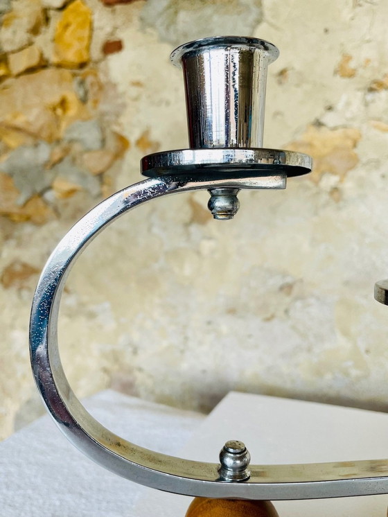 Image 1 of Art Deco, chroom en walnoten kandelaars, set van 2, circa jaren 1930