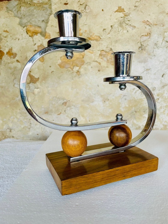 Image 1 of Art Deco, chroom en walnoten kandelaars, set van 2, circa jaren 1930