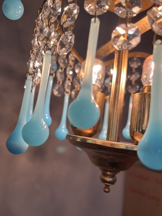 Image 1 of Vintage Opaline Azuur Blauwe Teardrop Kroonluchter Hanglamp