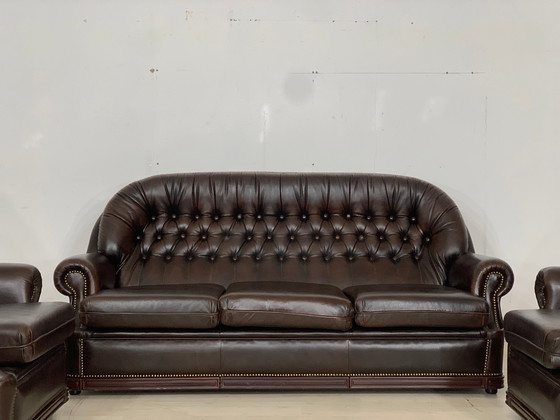 Image 1 of Chesterfield bankstel bank fauteuil leer vintage