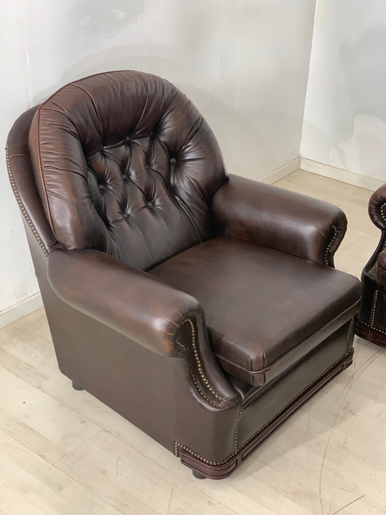 Image 1 of Chesterfield bankstel bank fauteuil leer vintage