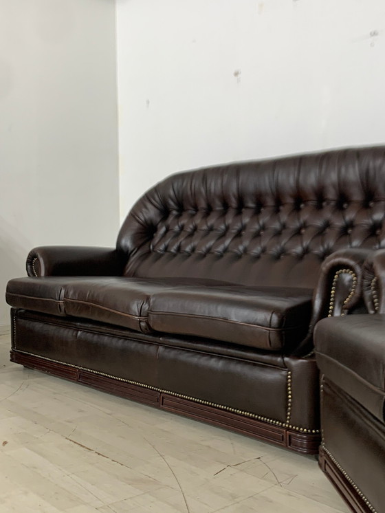 Image 1 of Chesterfield bankstel bank fauteuil leer vintage