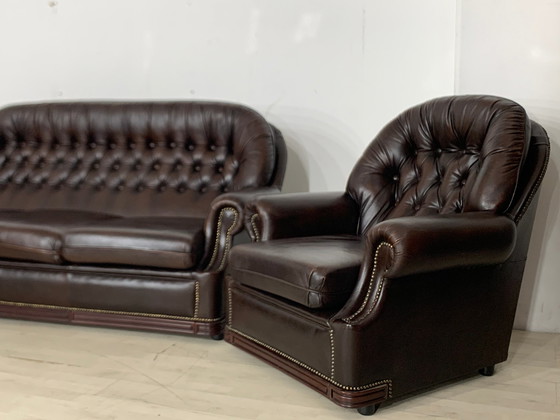 Image 1 of Chesterfield bankstel bank fauteuil leer vintage