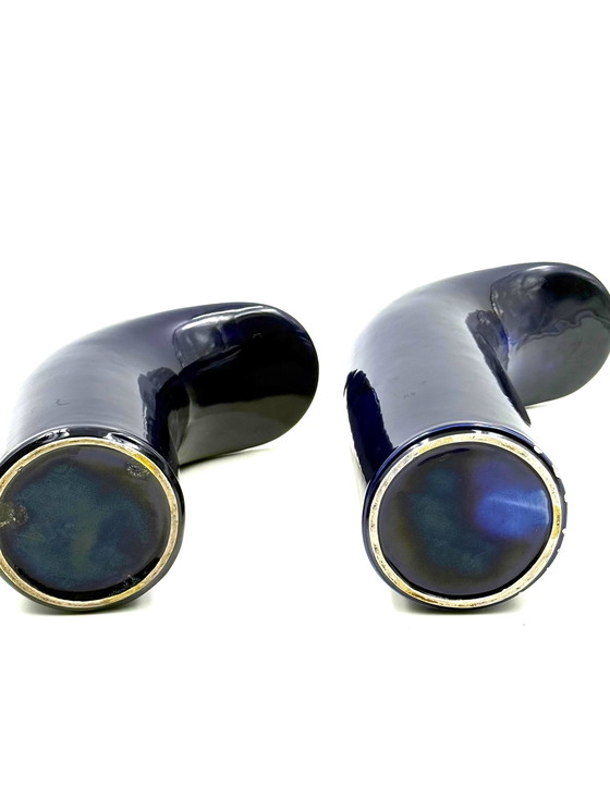 Image 1 of Space Age Set van 2 blauw keramische vazen, Italië Ca. 1970